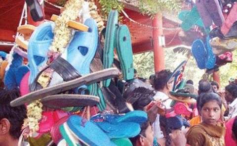 The reason why such a temple in India is offered to the Mother Goddess by garland of shoes